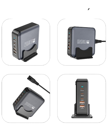 Încărcător Desktop iSEN 200W GaN, Negru, 5 Porturi USB (3x USB-C + 2x USB-A), PD 100W, Încărcare Rapidă Multi-Dispozitiv [2]