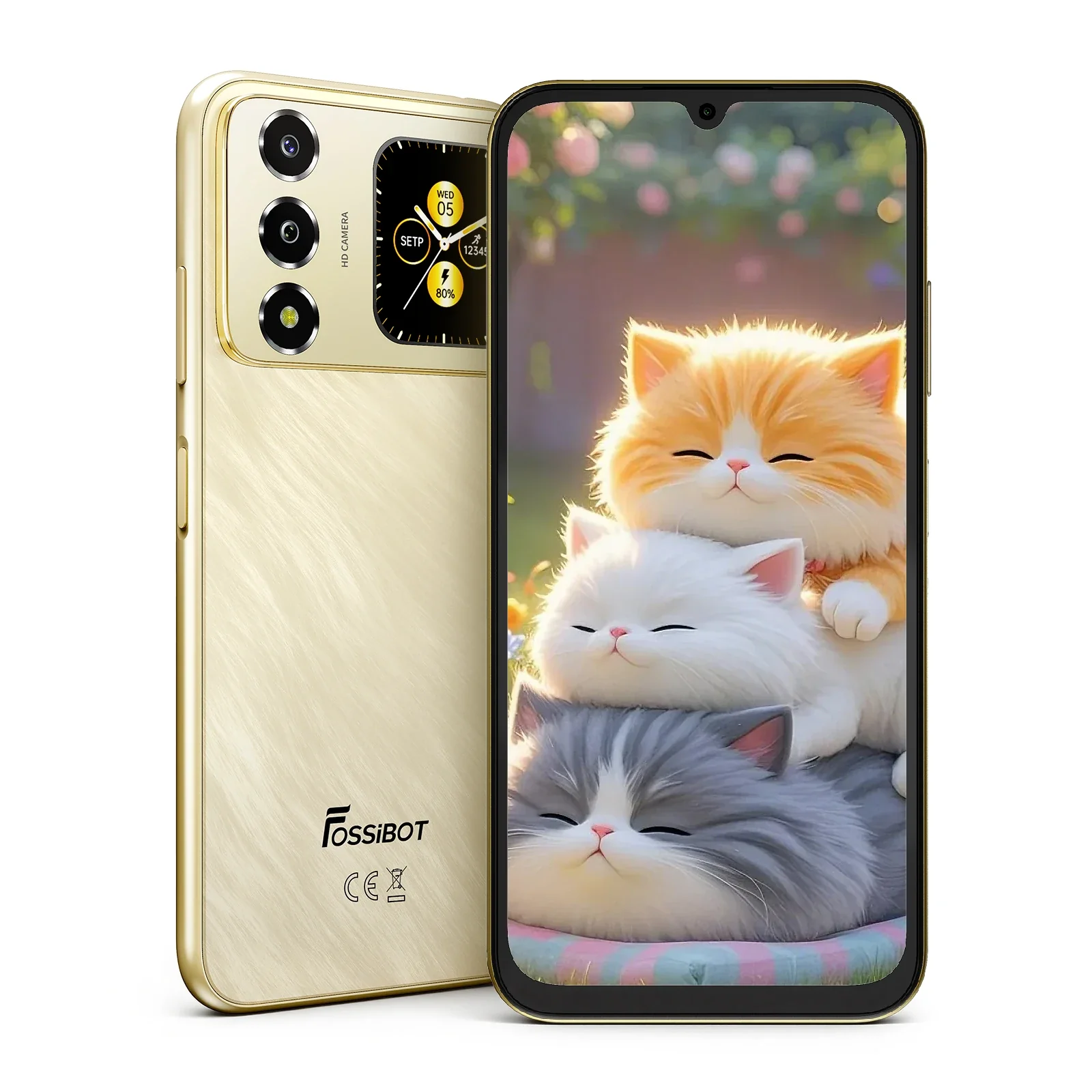 FOSSiBOT S7 Mobiltelefon, Arany, 4G LTE, NFC, 6.9" HD+ 120Hz, 1.85" Hátsó Kijelző, 32GB RAM (8GB + 24GB Bővített), 256GB ROM, Unisoc T615, 5000mAh 10W, Android 16, Dual SIM [1]