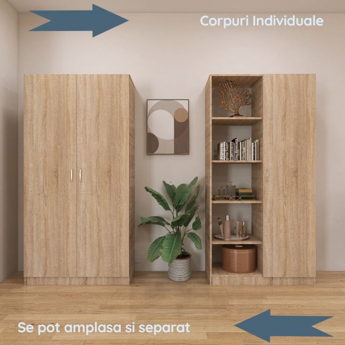 Dulap Delia 2 metri cu 3 usi, 200x200x50, Culoare Sonoma, din Pal de 18 mm [4]