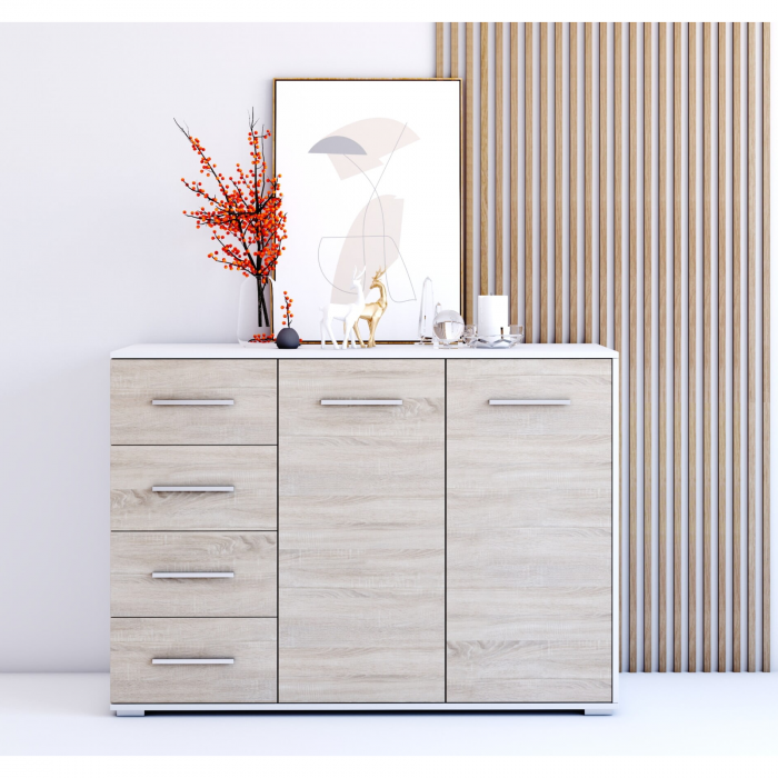 Comoda Sara cu 2 Usi si 4 Sertare, 135x95x45 cm, Culoare Alb/Sonoma [2]