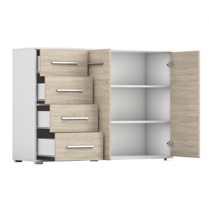 Comoda Sara cu 2 Usi si 4 Sertare, 135x95x45 cm, Culoare Alb/Sonoma [3]