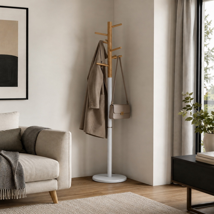 Cuier de Podea Modern, Alb cu Aspect Lemn Natural, Design Tip Copac, pentru Haine și Accesorii [2]