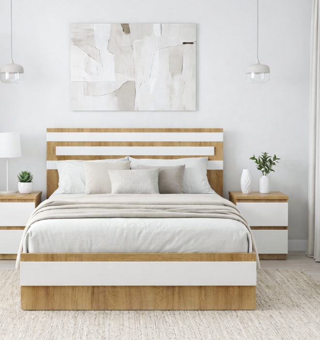 Dormitor Leno, Culoare Stejar Auriu cu Alb Mat [2]