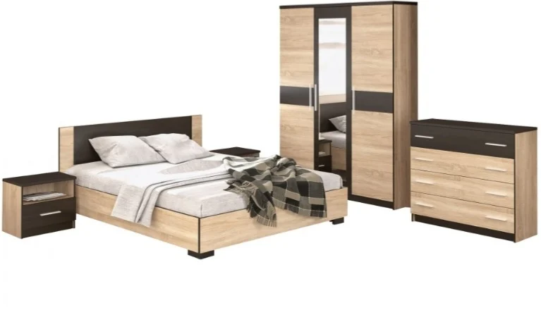 Dormitor Verona – Sonoma cu Wenge, Dulap 150 cm, Pat 160×200 cm, 2 Noptiere și Comodă 4s [2]