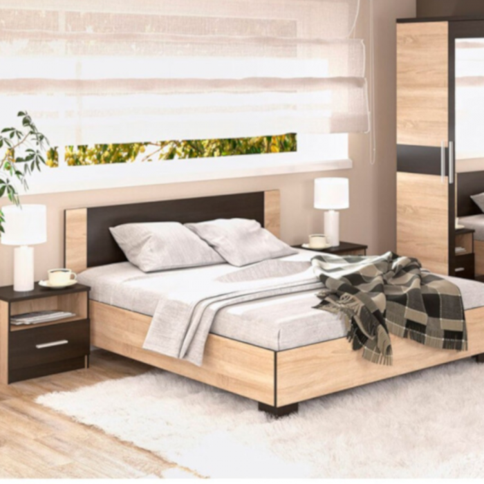 Dormitor Verona – Sonoma cu Wenge, Dulap 150 cm, Pat 160×200 cm, 2 Noptiere și Comodă 4s [5]