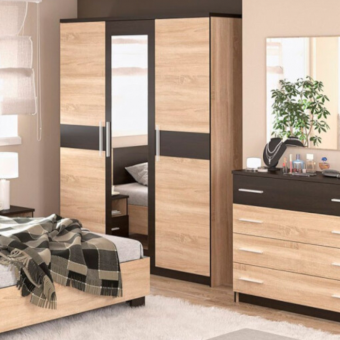 Dormitor Verona – Sonoma cu Wenge, Dulap 150 cm, Pat 160×200 cm, 2 Noptiere și Comodă 4s [4]