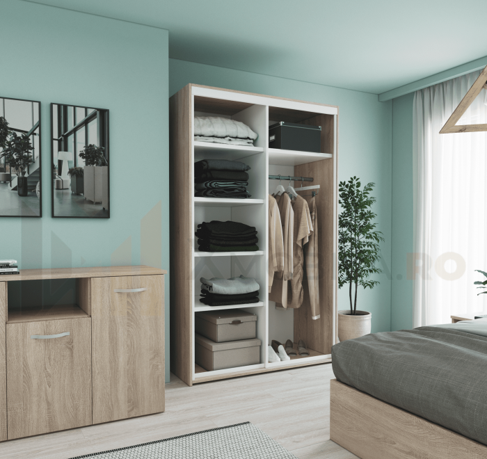 Dressing cu 2 Usi Glisante Sonoma, H200x120x60cm, bara de Umerase si 5 Polite de Depozitare Pal 18 mm [2]