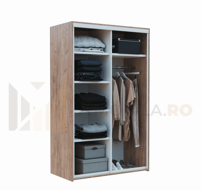 Dressing cu 2 Usi Glisante Stejar Auriu, H200x120x60cm, bara de Umerase si 5 Polite de Depozitare Pal 18 mm [5]