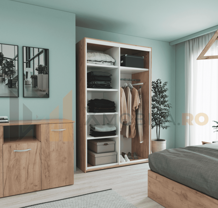 Dressing cu 2 Usi Glisante Stejar Auriu, H200x120x60cm, bara de Umerase si 5 Polite de Depozitare Pal 18 mm [2]