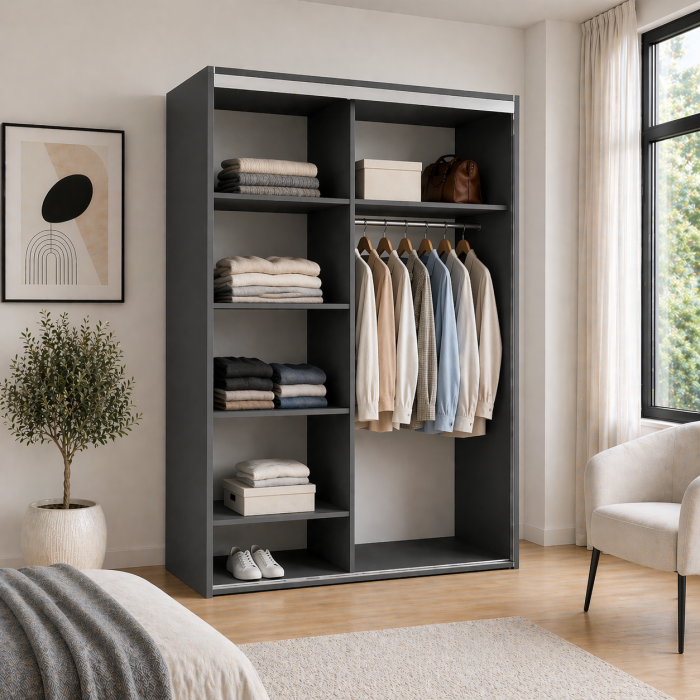 Dressing Gri Antracit 2 Uși Culisante, PAL 18 mm, Compartimentare cu Polițe și Bară Haine [3]