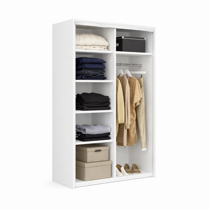 Dressing Alb Mat cu 2 Uși Culisante și Oglindă, PAL 18 mm, cu Bară pentru Haine și 5 Polițe [2]