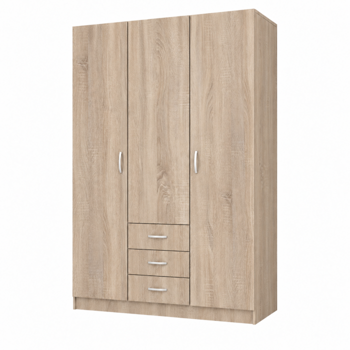 Dulap 3 Uși si 3 sertare, 200x120x50 cm Sonoma | 5 Polițe și Bară pentru Haine | PAL 18 mm | Balamale Soft Close 3D [4]