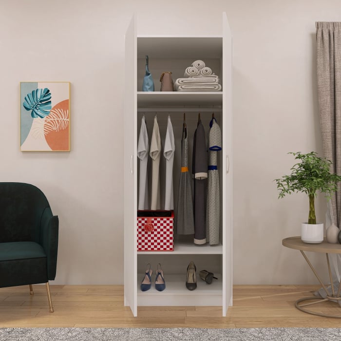 Dulap Alb cu 2 Usi, 2 Rafturi Depozitare si Bara de Haine 200x80x50 cm, din Pal de 18 mm [2]