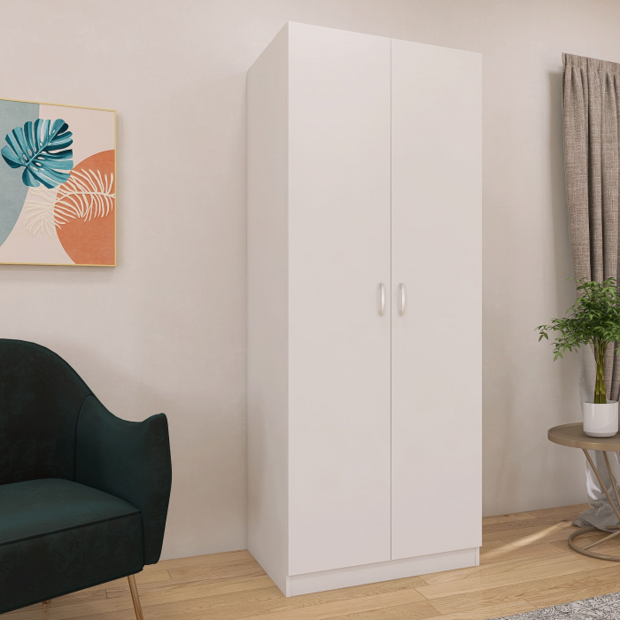 Dulap Alb cu 2 Usi, 2 Rafturi Depozitare si Bara de Haine 200x80x50 cm, din Pal de 18 mm [4]