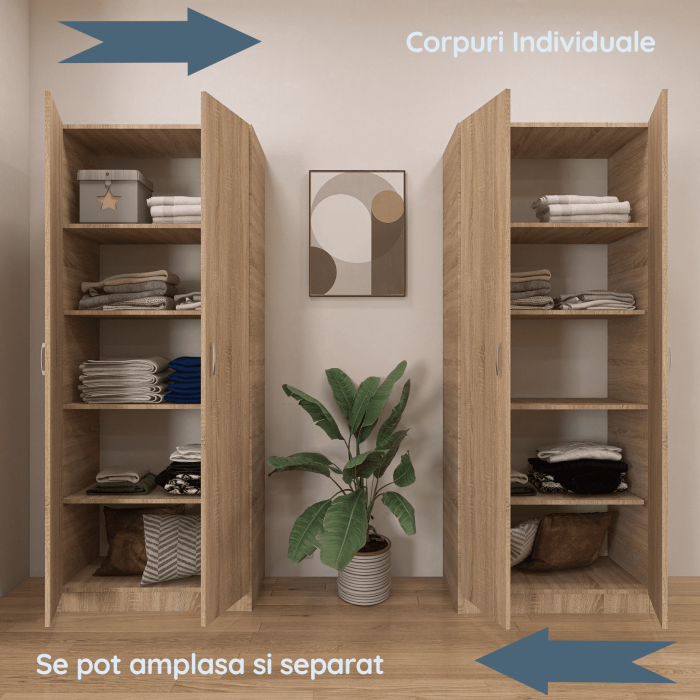 Dulap Milano cu 4 usi, 200x160x40, Culoare Sonoma, din Pal de 18 mm [4]