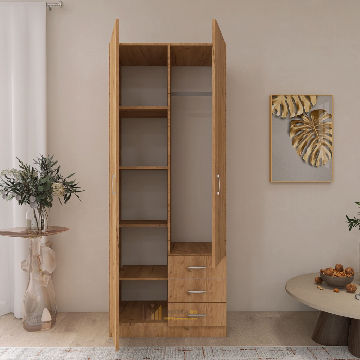Dulap Mixt Star cu 2 Usi si 3 Sertare, 200x80x50 cm,Culoare Stejar Auriu, Material din PAL de 18mm [4]
