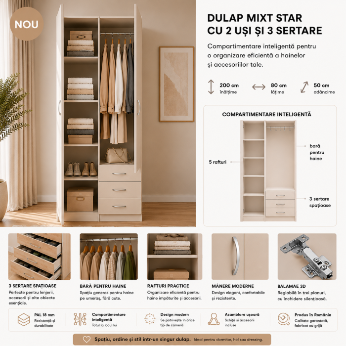 Dulap Mixt Star cu 2 Usi si 3 Sertare, 200x80x50 cm,Culoare Sonoma, Material din PAL de 18mm [3]