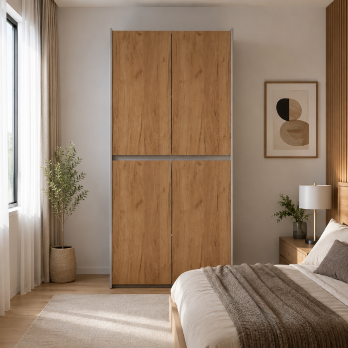 Dulap Modern Torino cu 4 usi, 200x80x50 cm, Culoare Alb/Stejar Auriu – Balamale cu amortizare și reglaj 3D [3]