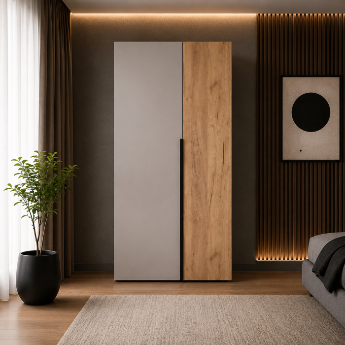 Dulap Oslo 2 Uși 90 cm, Cashmere cu Stejar Auriu – 200x90x50 cm [3]