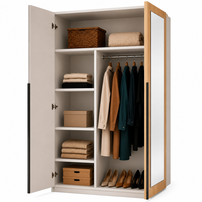 Dulap Oslo 2 Uși cu Oglindă, 90 cm, Cashmere cu Stejar Auriu – 200 x 90 x 50 cm [3]
