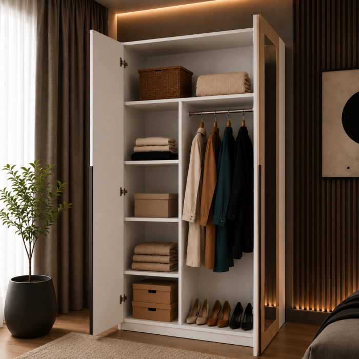 Dulap Oslo 2 Uși cu Oglindă, 90 cm, Cashmere cu Stejar Auriu – 200 x 90 x 50 cm [2]