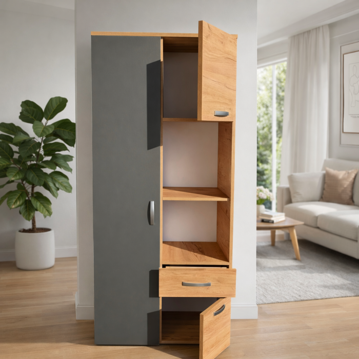 Dulap Royal Vitrina cu 3 Usi si sertar, Stejar Auriu & Gri Antracit – Mobilier Modern PAL 18 mm [2]