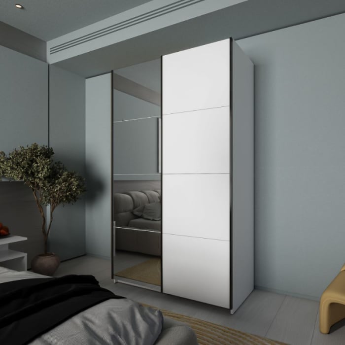 Dulap Zegna cu 2 Uși Culisante si Oglinda, 150x61x204,5 cm, Culoare Alb Platinum [1]