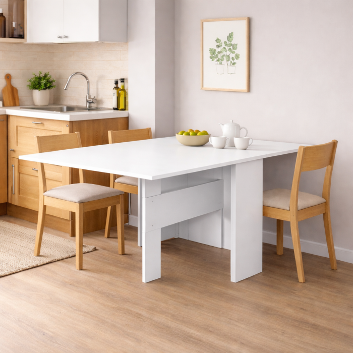 Masă pliantă extensibilă cu roți 40-184x90x80 cm, 8 persoane, PAL 18 mm, Alb Mat [2]