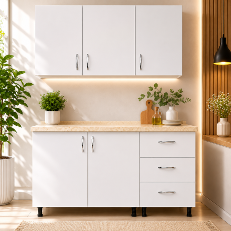 Bucătării Complete - Bucatarie Star 120cm, Culoare Alb din Pal de 18mm