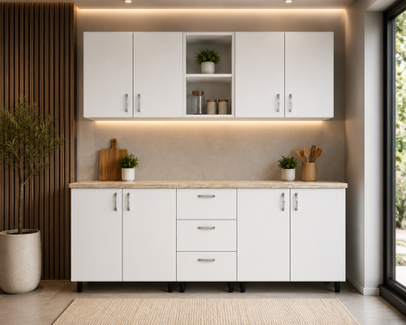 Bucătării Complete - Bucatarie Star 200 cm, Culoare ALB din Pal 18mm