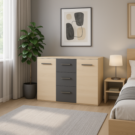Comodă Barry, Masura 120x85x42 cm, Culoare Stejar Deschis/Gri Antracit [1]