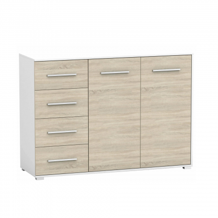 COMODE - Comoda Sara cu 2 Usi si 4 Sertare, 135x95x45 cm, Culoare Alb/Sonoma