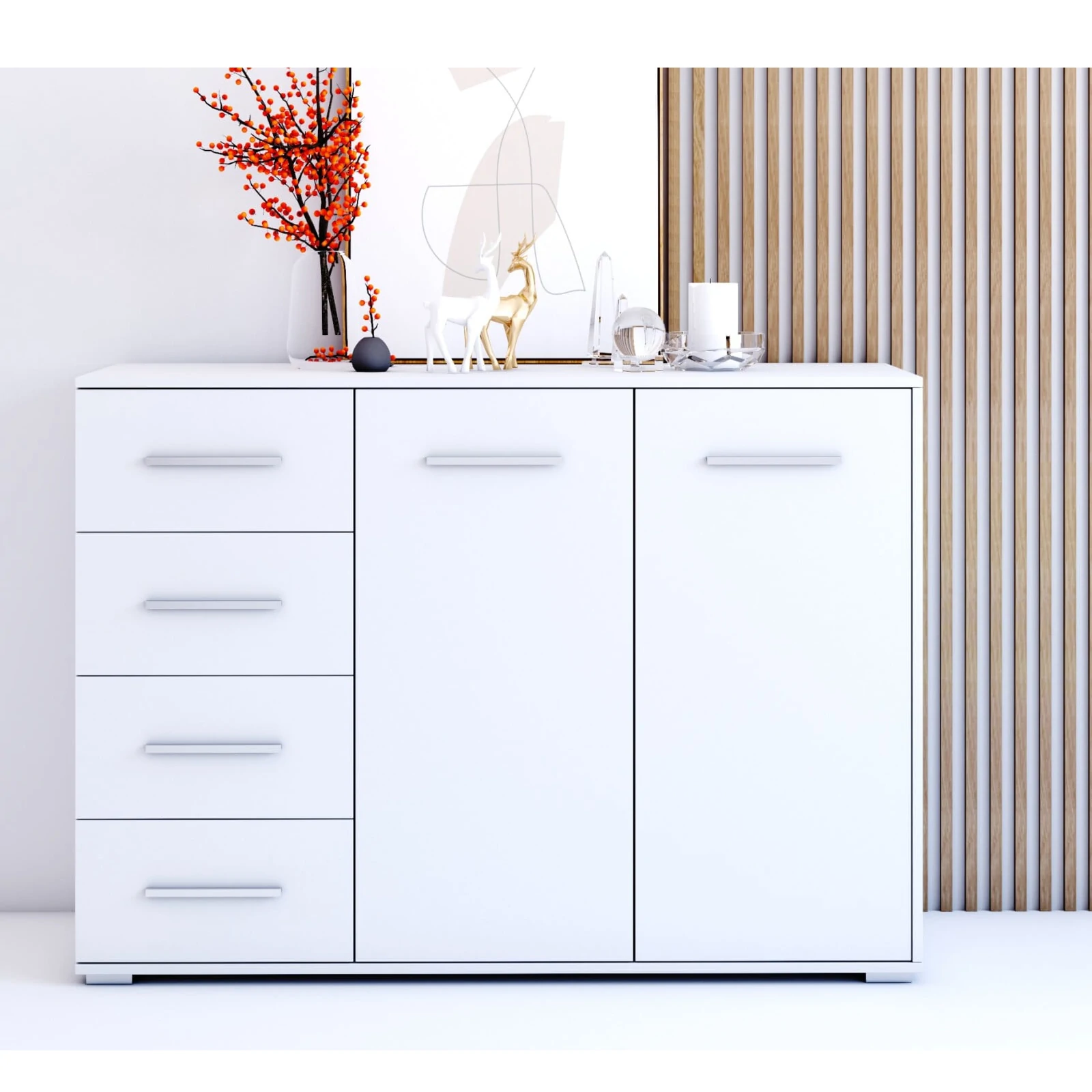 Comoda Sara cu 2 Usi si 4 Sertare, 135x95x45 cm, Culoare Alba [1]
