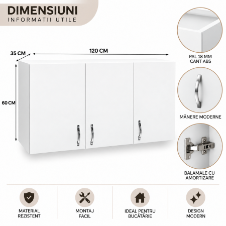 Corp Suspendat 120×60×35 cm Bucătărie, 3 Uși, Alb Mat | PAL 18 mm | Balamale cu Amortizare [3]