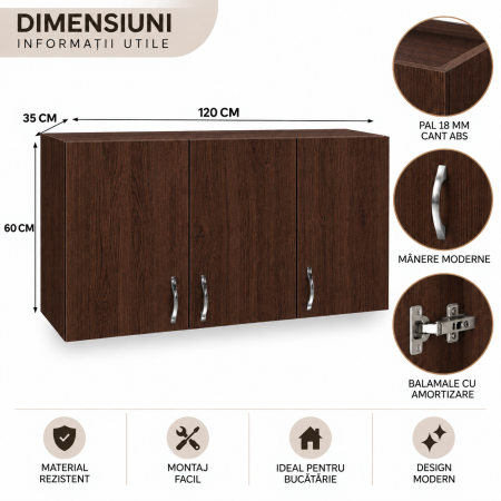 Corp Suspendat 120×60×35 cm Bucătărie, 3 Uși, Wenge | PAL 18 mm | Balamale cu Amortizare [3]