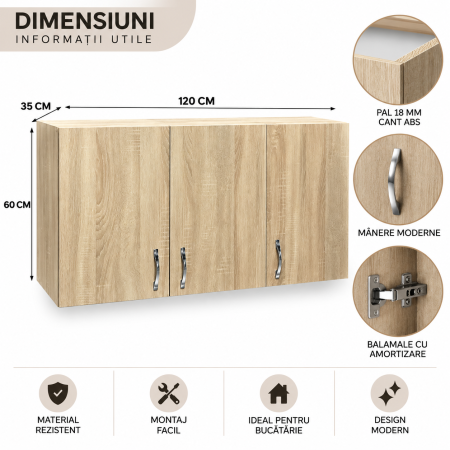 Corp Suspendat 120×60×35 cm Bucătărie, 3 Uși, Stejar Sonoma | PAL 18 mm | Balamale cu Amortizare [3]