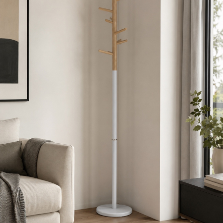 Cuiere - Cuier de Podea Modern, Alb cu Aspect Lemn Natural, Design Tip Copac, pentru Haine și Accesorii