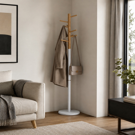 Cuier de Podea Modern, Alb cu Aspect Lemn Natural, Design Tip Copac, pentru Haine și Accesorii [1]