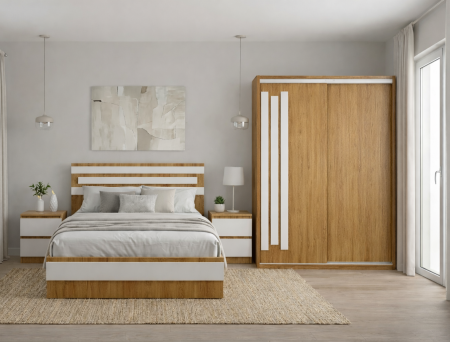 Seturi dormitor - Dormitor Leno, Culoare Stejar Auriu cu Alb Mat