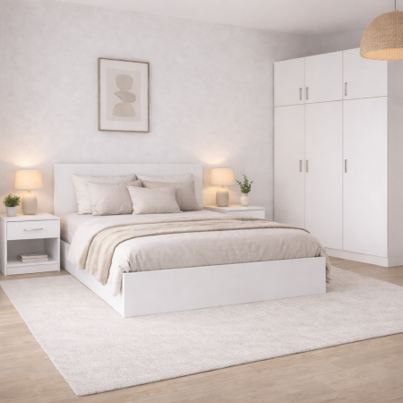 Seturi dormitor - Dormitor Maximo Alb Mat – Set complet pat, dulap cu extensie superioară și 2 noptiere