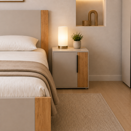 Dormitor OSLO – Set Complet cu Pat, Comoda, Dulap 4 Uși și 2 Noptiere, Cashmere cu Stejar Auriu, PAL 18 mm [6]