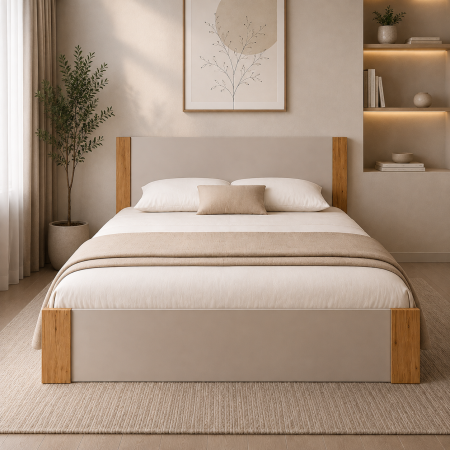 Dormitor OSLO – Set Complet cu Pat, Comoda, Dulap 4 Uși și 2 Noptiere, Cashmere cu Stejar Auriu, PAL 18 mm [1]