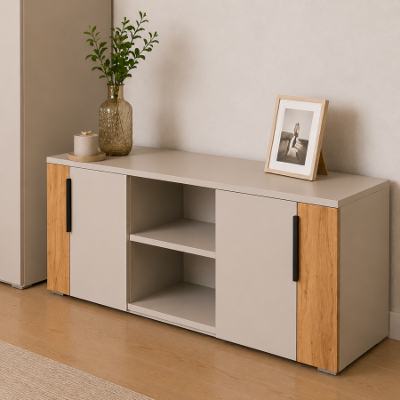 Dormitor OSLO – Set Complet cu Pat, Comoda, Dulap 4 Uși și 2 Noptiere, Cashmere cu Stejar Auriu, PAL 18 mm [4]