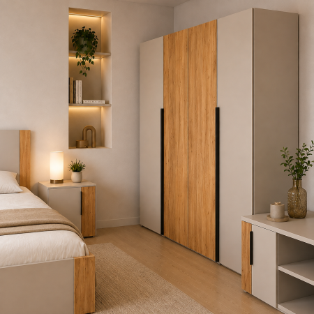 Dormitor OSLO – Set Complet cu Pat, Comoda, Dulap 4 Uși și 2 Noptiere, Cashmere cu Stejar Auriu, PAL 18 mm [2]