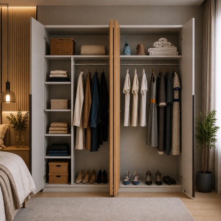 Dormitor OSLO – Set Complet cu Pat, Comoda, Dulap 4 Uși și 2 Noptiere, Cashmere cu Stejar Auriu, PAL 18 mm [3]