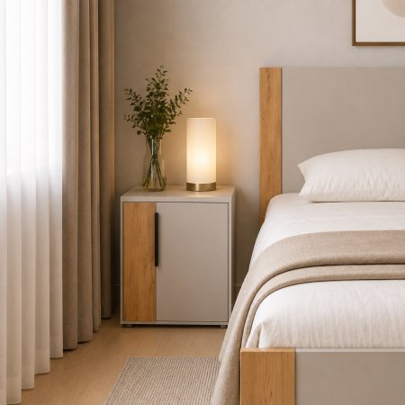 Dormitor OSLO – Set Complet cu Pat, Comoda, Dulap 4 Uși și 2 Noptiere, Cashmere cu Stejar Auriu, PAL 18 mm [5]