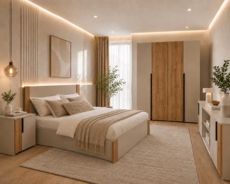 Seturi dormitor - Dormitor OSLO – Set Complet cu Pat, Comoda, Dulap 4 Uși și 2 Noptiere, Cashmere cu Stejar Auriu, PAL 18 mm