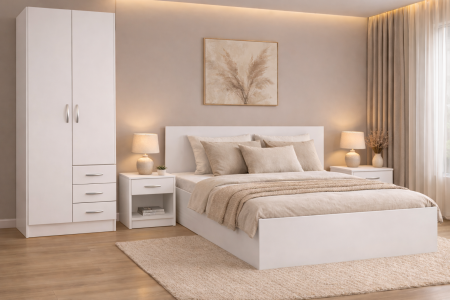 Seturi dormitor - Dormitor STAR Alb Mat – Set complet cu pat, dulap și noptiere
