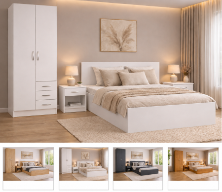 Seturi dormitor - Dormitor STAR Alb Mat – Set complet cu pat, dulap și 2 noptiere