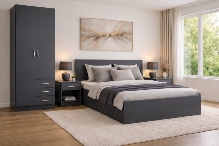 Seturi dormitor - Dormitor STAR Gri Antracit – Set complet cu pat, dulap și 2 noptiere